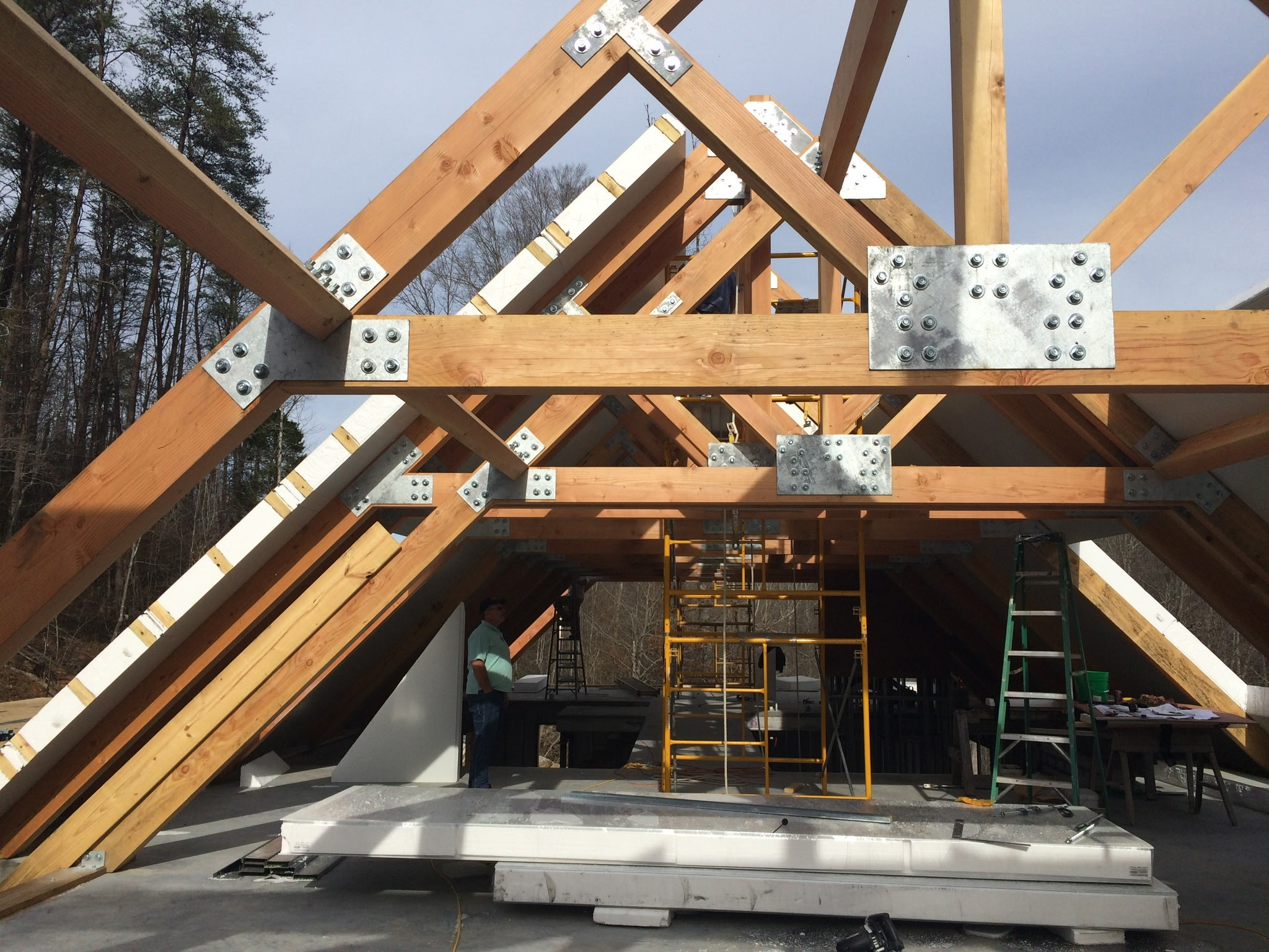 Heavy timber roof framing during construction